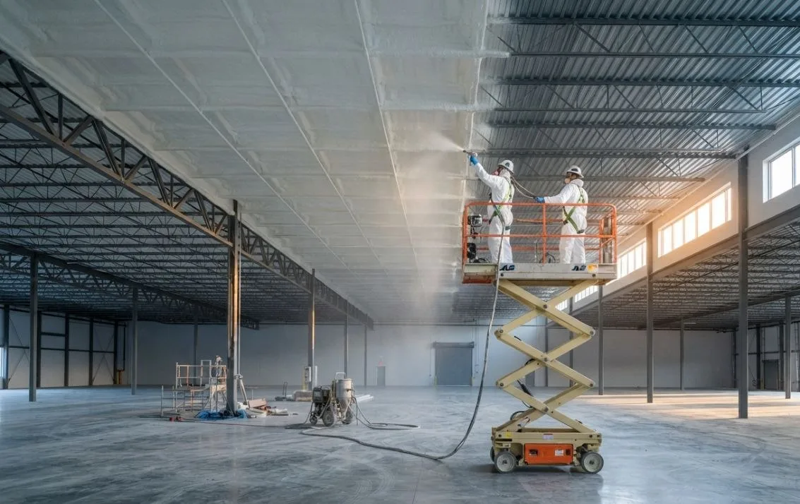 Installers on a scissor lift spraying foam insulation under a warehouse metal roof