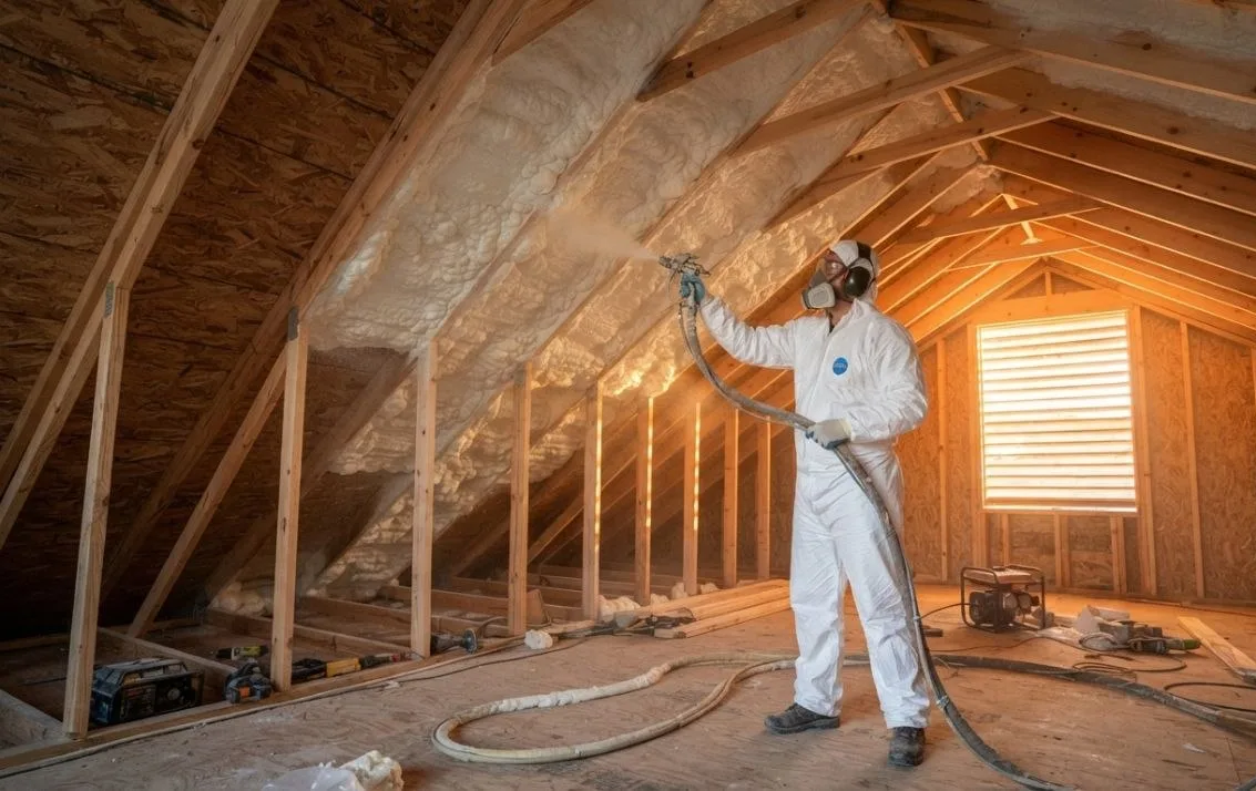 Installer spraying foam insulation under the roof deck of a home attic